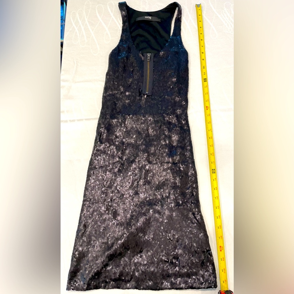 Cut 25 black sequined sleeveless zip dress.